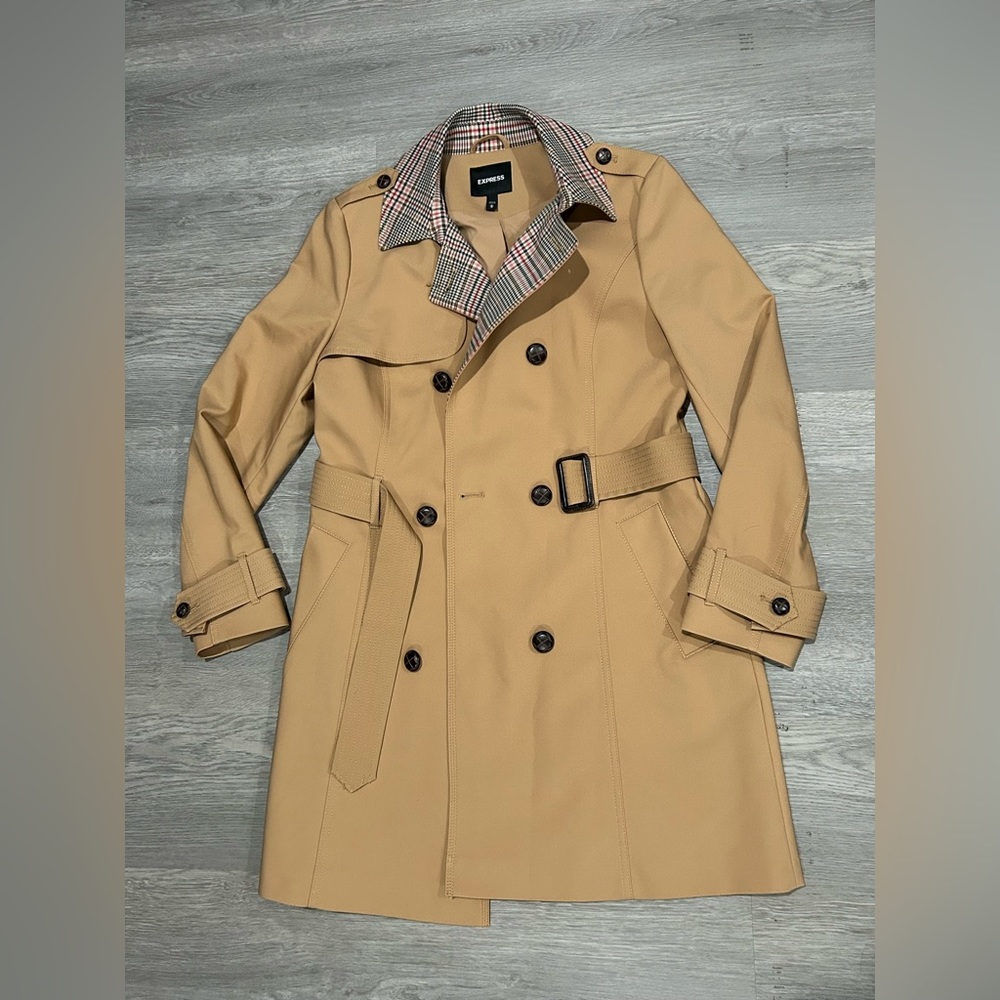Express Classic Double Breasted Plaid Face Trench Coat